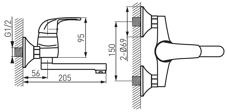 Baterie lavoar Ferro Vasto, cu montaj pe perete, pipa 15 cm, crom - BVA3