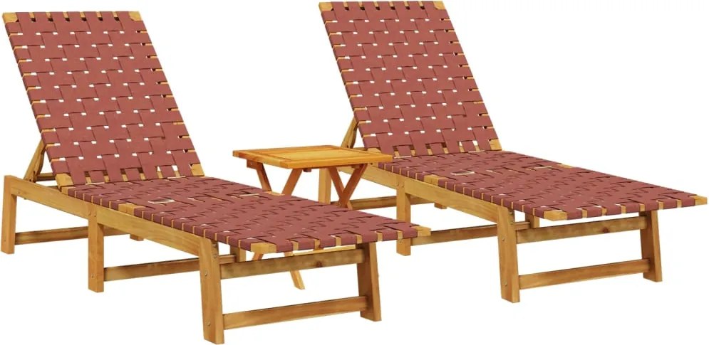 vidaXL Șezlonguri, 2 buc., cu masă, roșu, lemn masiv de acacia