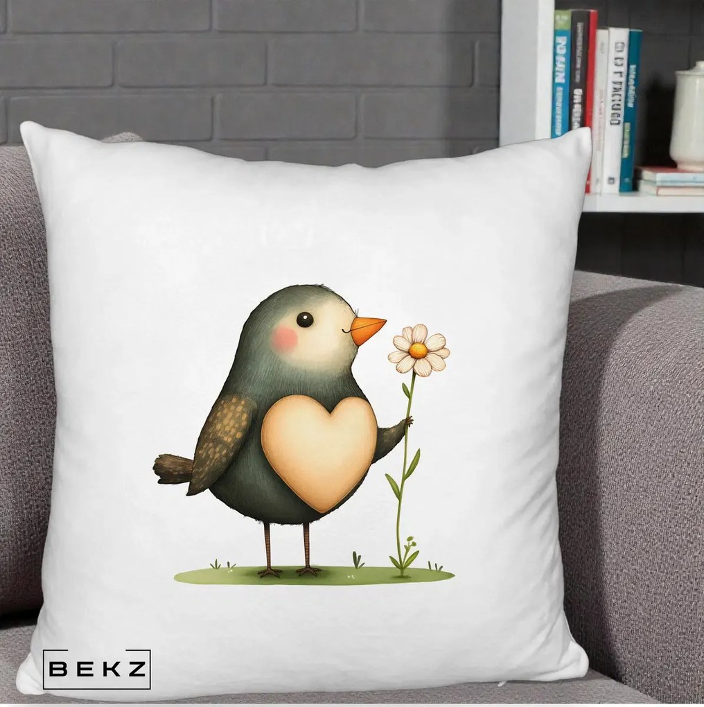 Perna Decorativa Pasare cu Inima si Margareta, 40x40 cm, Alb Pufos, Husa Detasabila, Perna Inclusa, BEKZ®