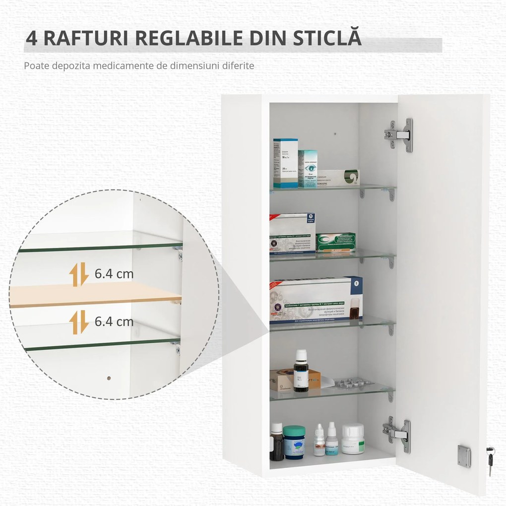 Dulapior de Perete pentru Medicamente cu Încuietoare, 5 Niveluri si Rafturi Reglabile, din Lemn si Sticla, Alb 30x20x70cm Kleankin | Aosom Romania