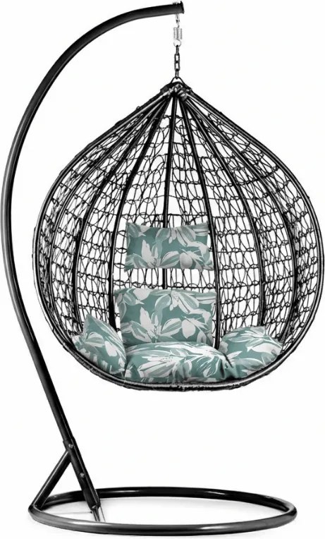 Scaun negru suspendat KOKON cu suport, perna verde-alb