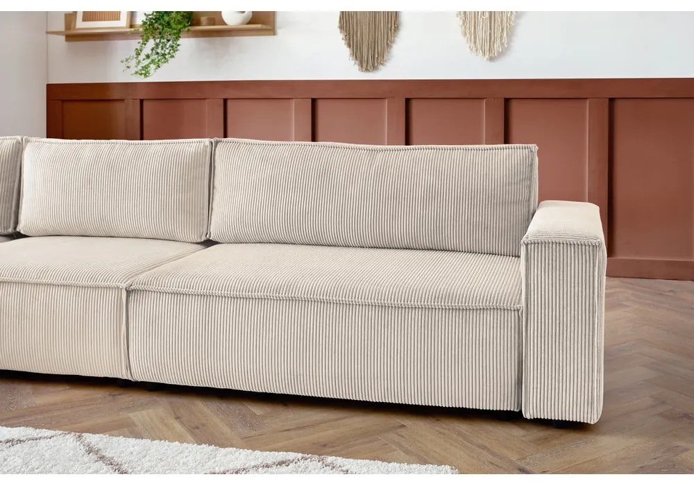 Colțar crem cu tapițerie din catifea reiată (cu colț pe partea stângă ) Nihad modular – Bobochic Paris