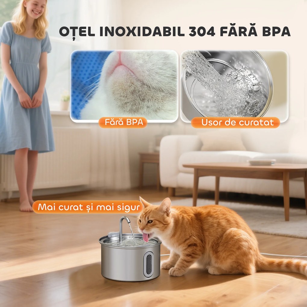 PawHut Fântână din Inox 2,5L pentru Pisici cu LED și 2 Moduri de Flux, Argintiu | Aosom Romania
