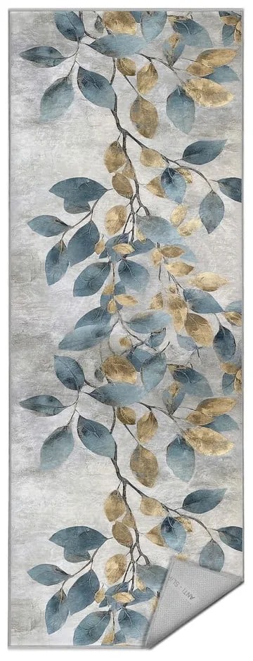 Covor tip traversă albastru deschis/auriu lavabil 80x200 cm Golden Leaves – Mila Home