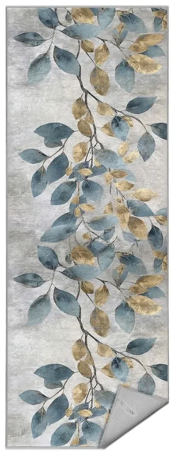Covor tip traversă albastru deschis/auriu lavabil 80x200 cm Golden Leaves – Mila Home