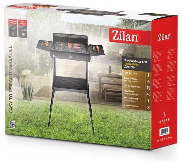 Gratar electric pe suport Zilan ZLN 3789, 2400W, 43x28 cm, Protectie vant, Reglarea gratarului, Negru