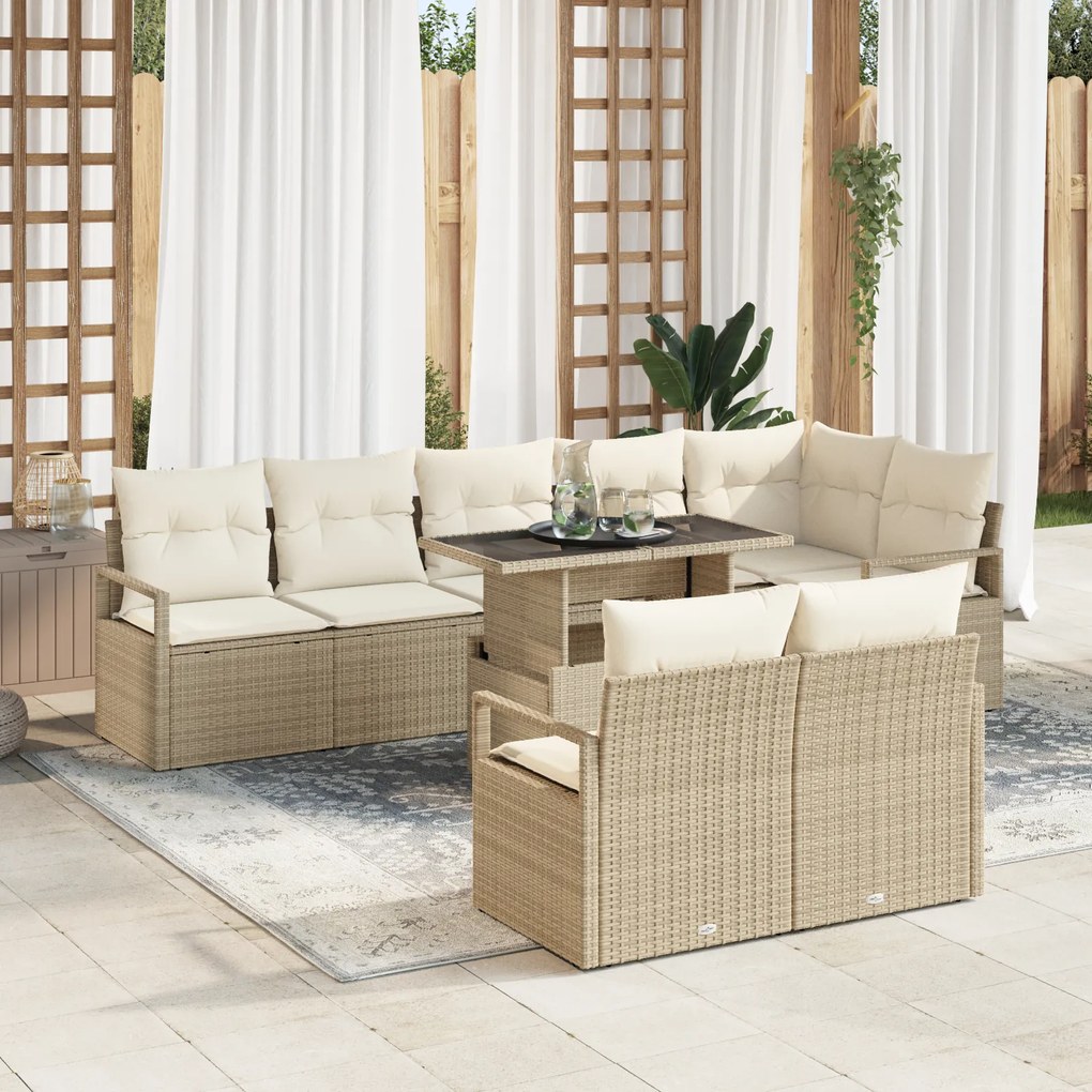 vidaXL Set canapea grădină 9 piese cu perne, bej, rattan poly