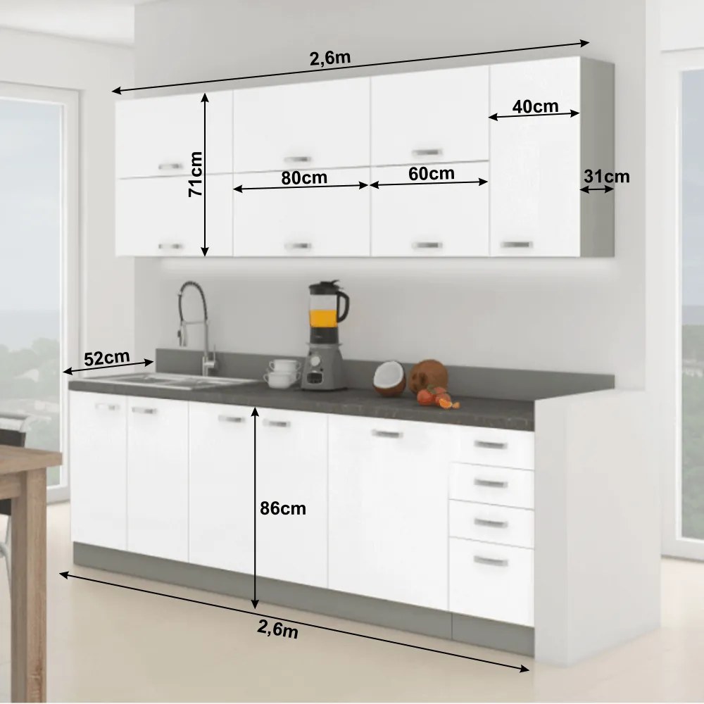 Set Bucatarie 260 cm, mdf alb extralucios pal gri, usi si sertare cu inchidere silentioasa