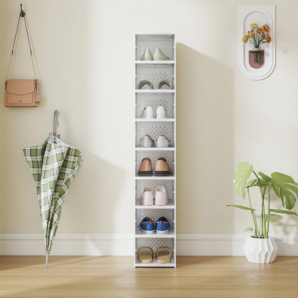 HOMCOM Dulap de Pantofi Modular cu 8 Cutii Stivuibile pentru Pantofi, 26x35x140 cm, Alb | Aosom Romania