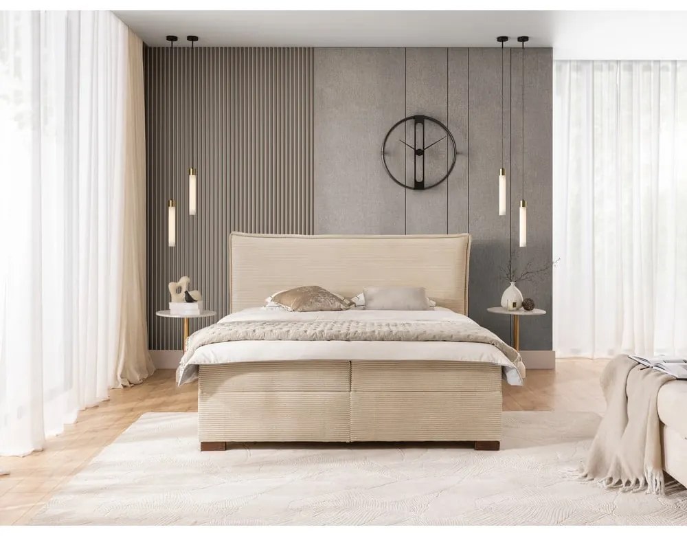 Pat boxspring bej cu spațiu de depozitare 160x200 cm Lysa – Ropez