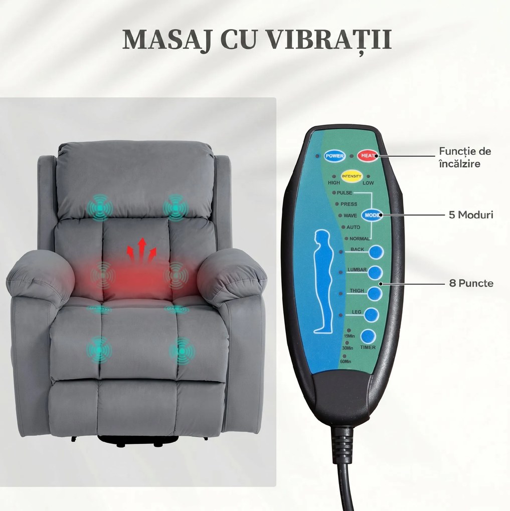 HOMCOM Scaun Electric cu Masaj prin Vibrații și Căldură, Scaun din Piele pentru Vârstnici cu Telecomandă și Buzunar Lateral, 90x95x103 cm, Gri