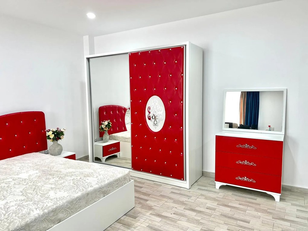 Dormitor Viena, culoare alb / rosu, cu pat tapitat 160 x 200 cm, dulap cu 2 usi, comoda cu oglinda, 2 noptiere si saltea