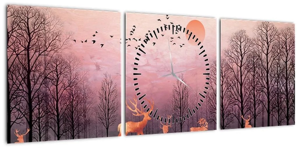 Tablou - Căprioare în strălucirea apusului de soare (cu ceas) (90x30 cm)