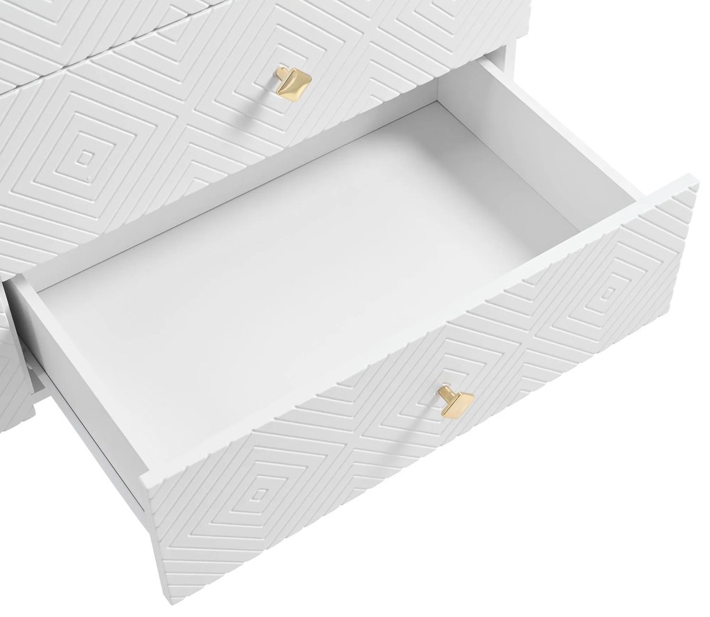 Comodă cu 6 sertare, cu model geometric și mânere în formă de diamant, pentru dormitor și living, 120x40x80 cm, Alb