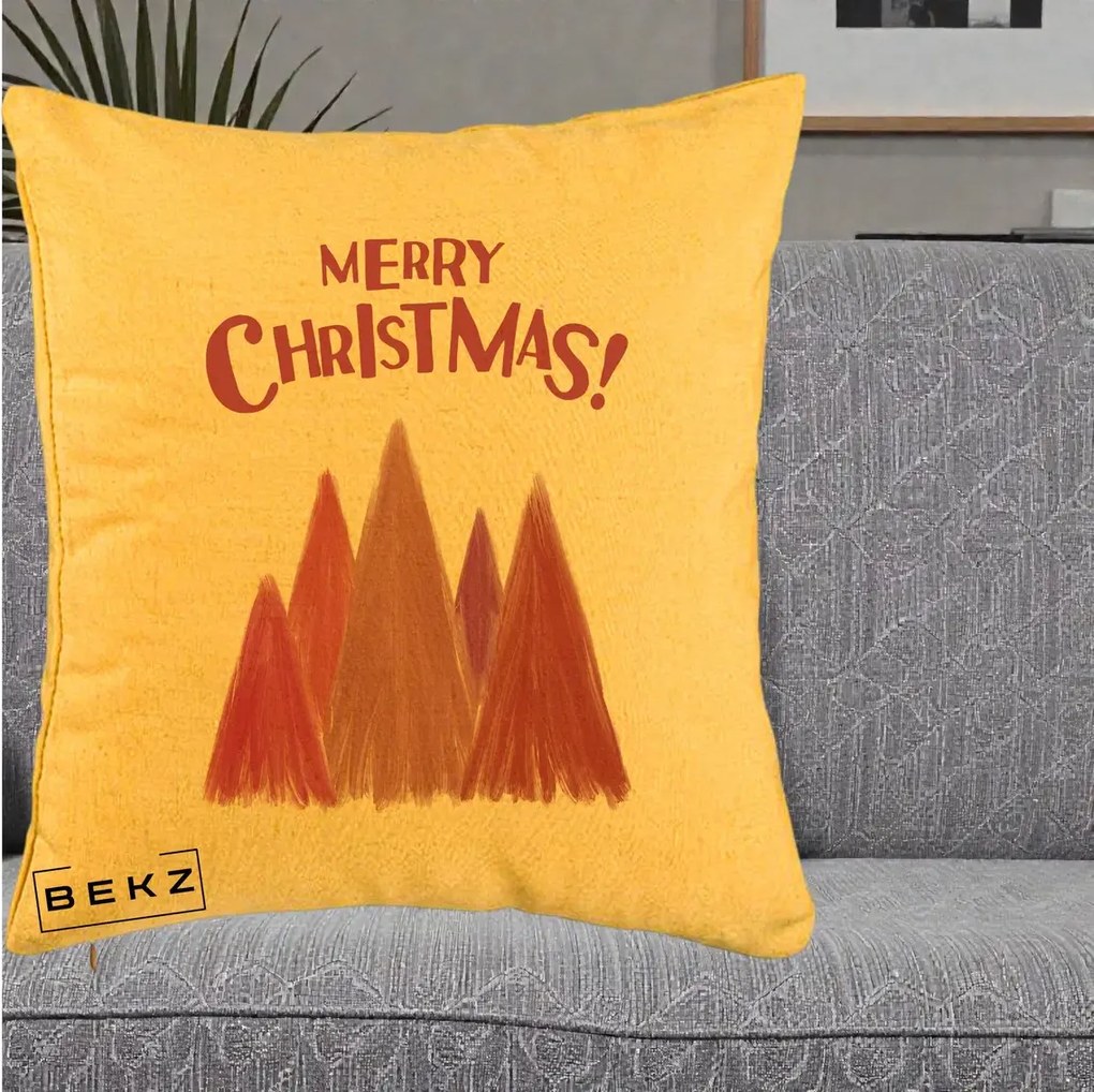 Perna Decorativa Merry Christmas Brazi Roz, 40x40 cm, Galben, Husa Detasabila, Perna Inclusa, BEKZ®