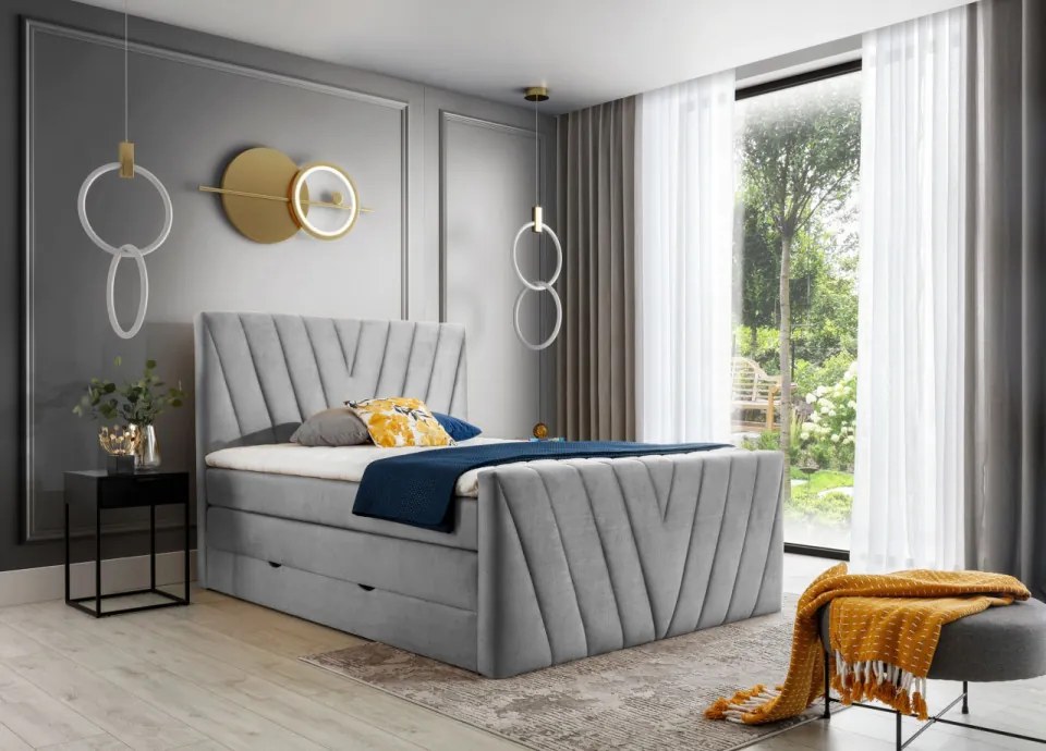 Pat tapitat, boxspring, cu spatiu pentru depozitare, 140x200 cm, Candice 1, Eltap (Culoare: Gri deschis - Nube 3)