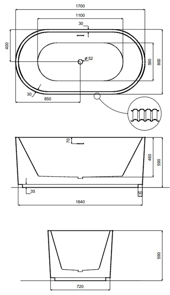 Cada baie freestanding, ovala, alba, 3D, Besco Giuliana, 170x80 cm 1700x800 mm