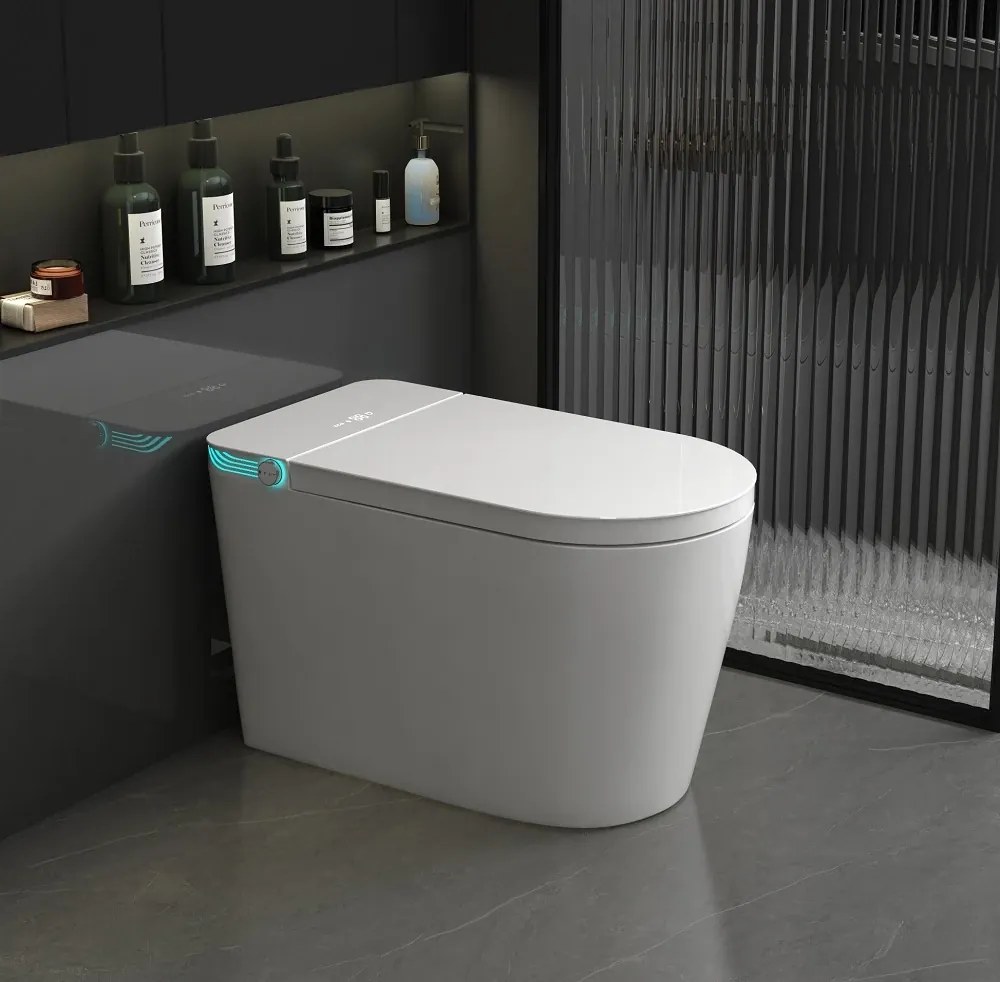 Smart WC 939 – Vas de Toaletă Inteligent cu Bideu, Sterilizare UV, Deschidere/Închidere automată, Senzor picior, Control inteligent al Temperaturii, Uscare aer cald, Iluminare de noapte, Afișaj LED, Telecomandă, Ceramică, Alb