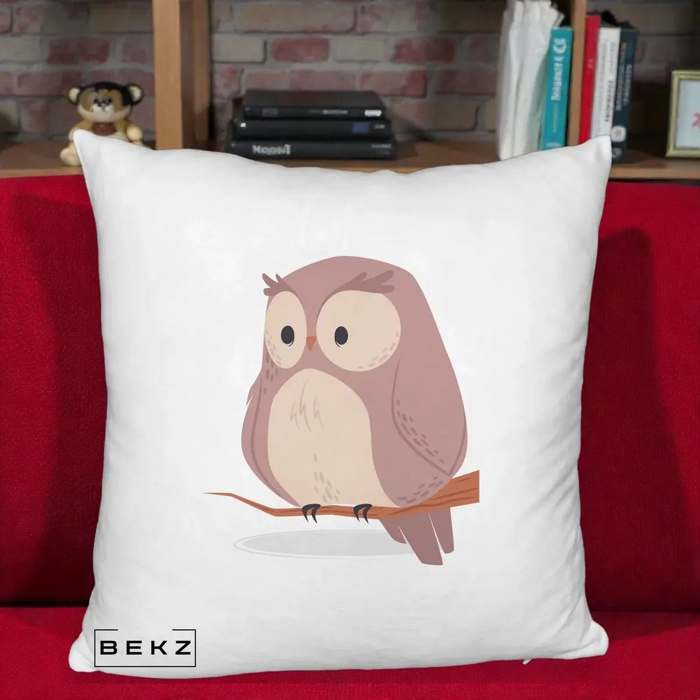 Perna Decorativa Bufnita Kawaii pe Creanga, 40x40 cm, Alb Pufos, Husa Detasabila, Perna Inclusa, BEKZ®