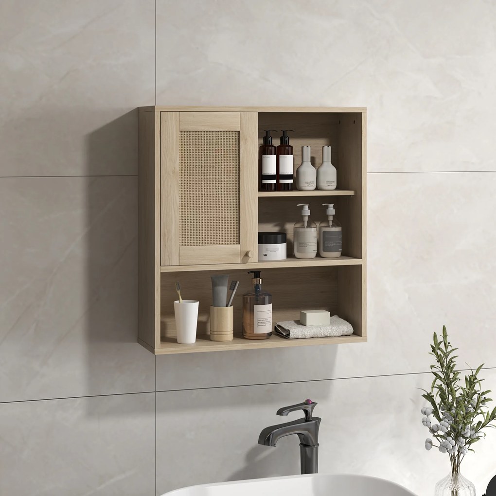 HOMCOM Armoire murale, mobilier suspensie baie cu ușă glisantă din răchită și rafturi deschise, lemn natural | Aosom Romania