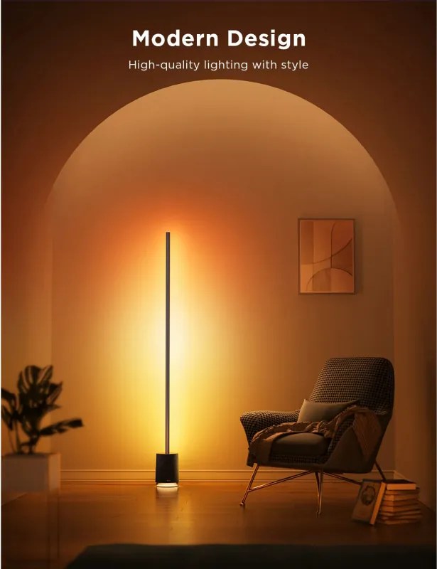 Smart LED lampa pentru podea Govee Pro RGBICWW H6079, 170 cm, 48 W, 2100 lm, 6500 K, Wi-Fi, Bluetooth, Govee Home, Negru