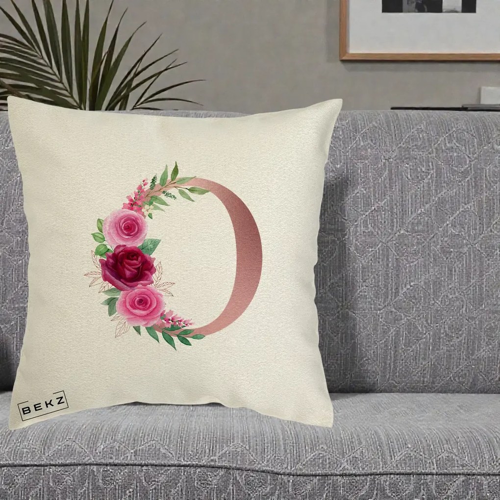 Cadou Personalizat - Perna Personalizata Monograma Rose Gold Litera O, 40x40 cm, Ecru, Husa Detasabila, Perna Inclusa, BEKZ®