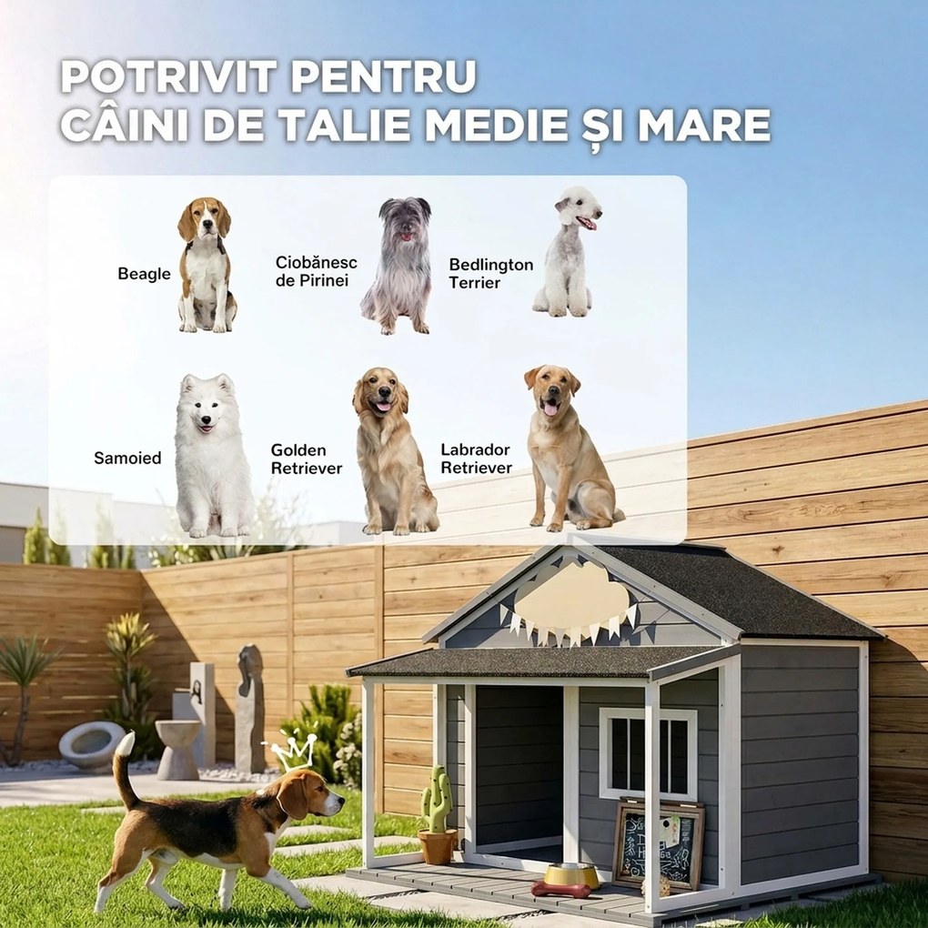 PawHut Casuță din Lemn de Exterior pentru Câini, Cușcă pentru Câini cu Terasă, Fereastră și Acoperiș Impermeabil, 124x112x105 cm, Gri | Aosom Romania