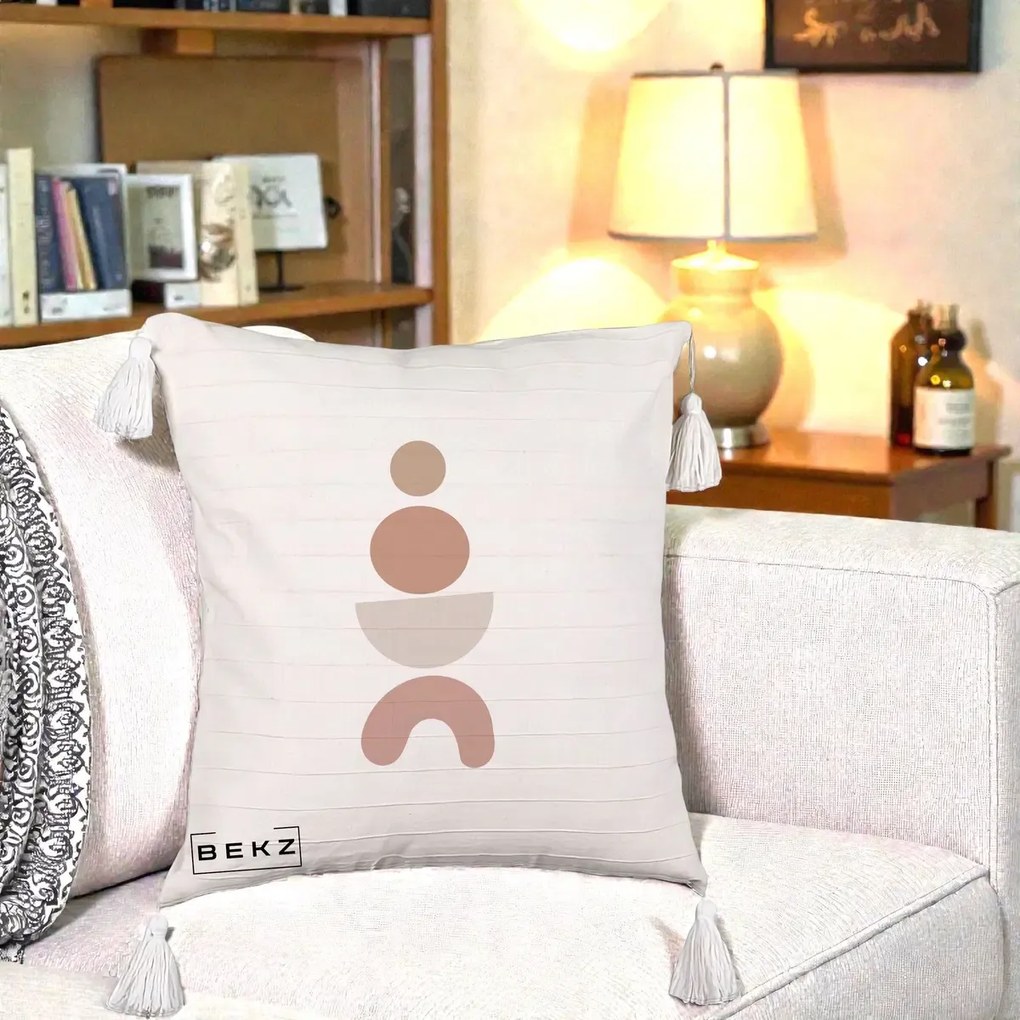 Perna Decorativa Geometric Boho Cercuri si Arc, 40x40 cm, Bej cu Franjuri, Husa Detasabila, Perna Inclusa, BEKZ®