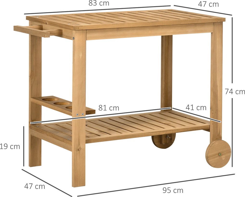 Outsunny Carucior de Grădină cu Roți din Lemn de Brad, Carucior de Servire cu Rafturi din Șipci, 2 Rafturi, 3 Suporturi pentru Sticle și Mâner, pentru Grădină Terasă Patio 95x47x74 cm, Culoare Lemn | Aosom Romania