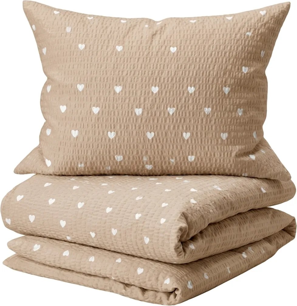 Set lenjerie de pat din crepon HEARTILO POLY bej + cearsaf Jersey 90x200 cm nisip, pat de o singura persoana