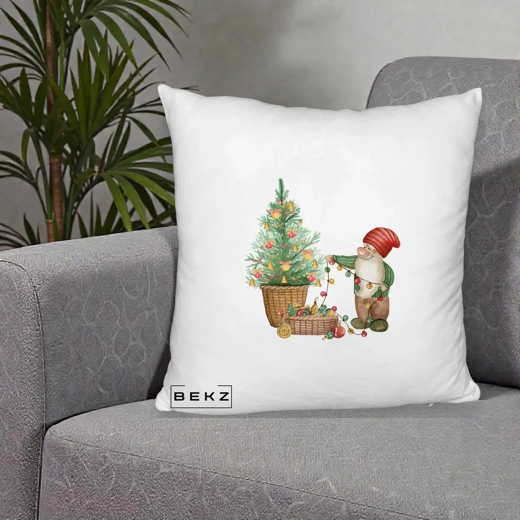 Perna Decorativa Pitic de Craciun cu Brad, 40x40 cm, Alb Pufos, Husa Detasabila, Perna Inclusa, BEKZ®