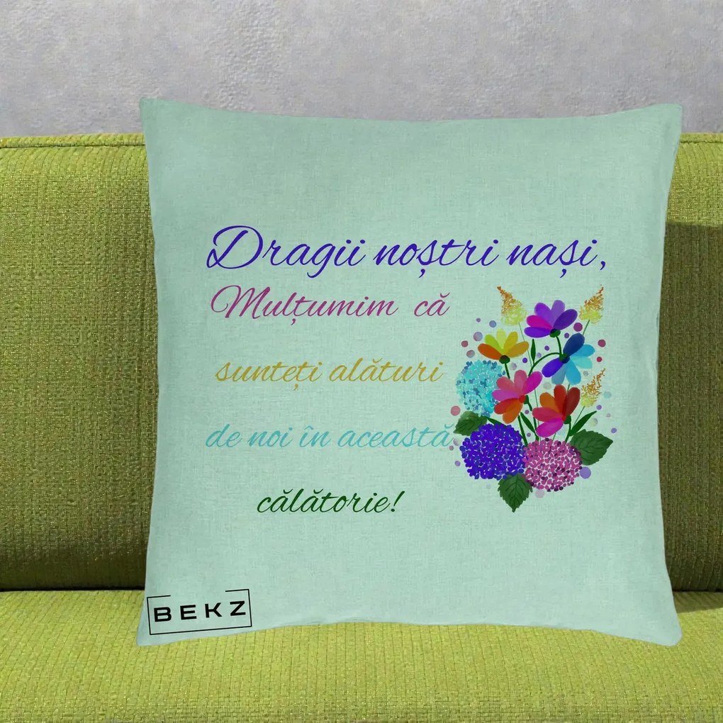 Perna personalizata nasi: Dragii nostri nasi, multumim, text colorat, 40x40 cm cu Umplutura, Verde Menta, BEKZ