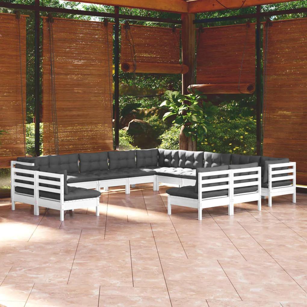 3096888 vidaXL Set mobilier de grădină cu perne, 13 piese, alb, lemn masiv pin