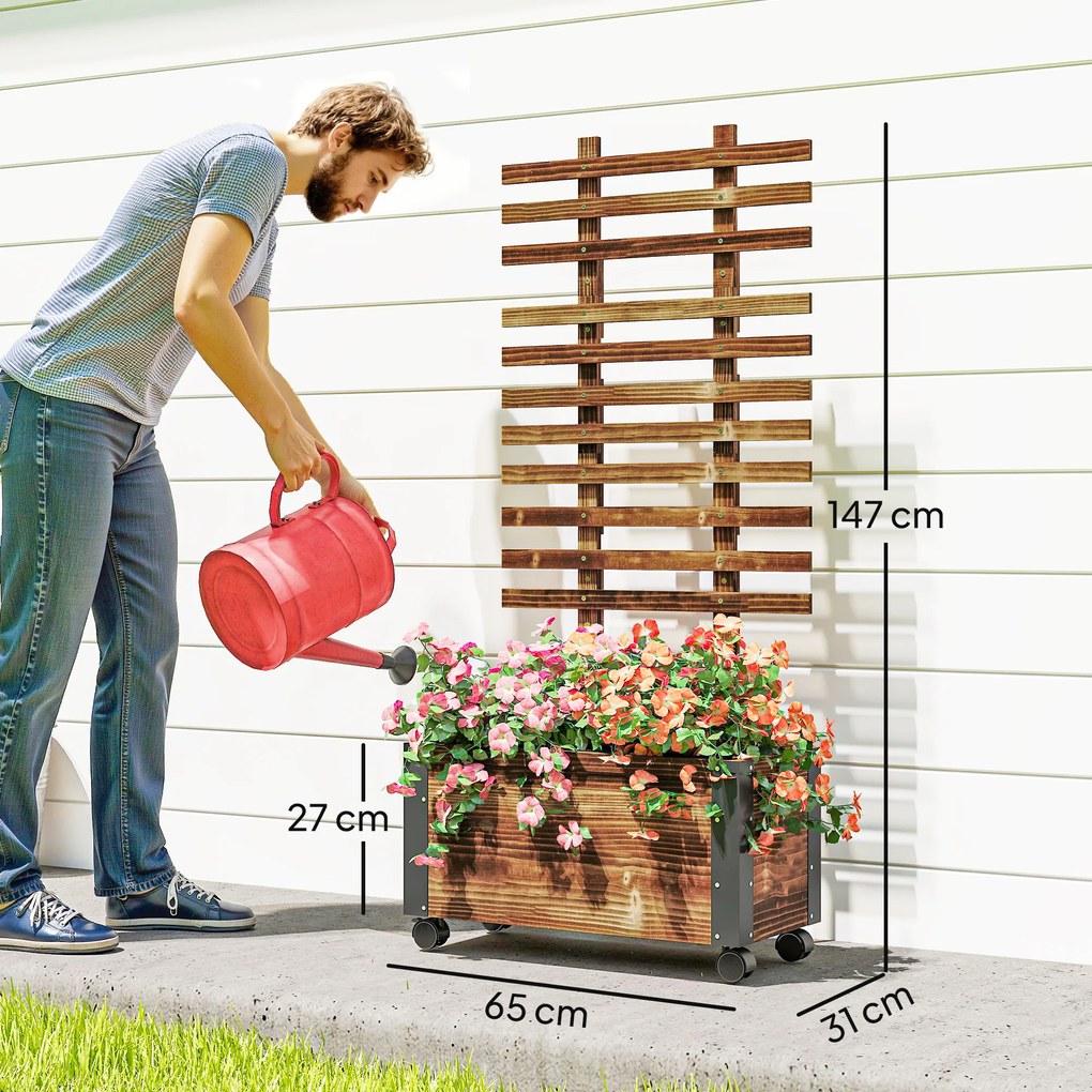 Outsunny Jardiniera cu Spalier pentru Plante Agatatoare si Roti, Jardiniera din Lemn de Brad cu Design Autodrenant, 65x31x147 cm, Maro Carbonizat