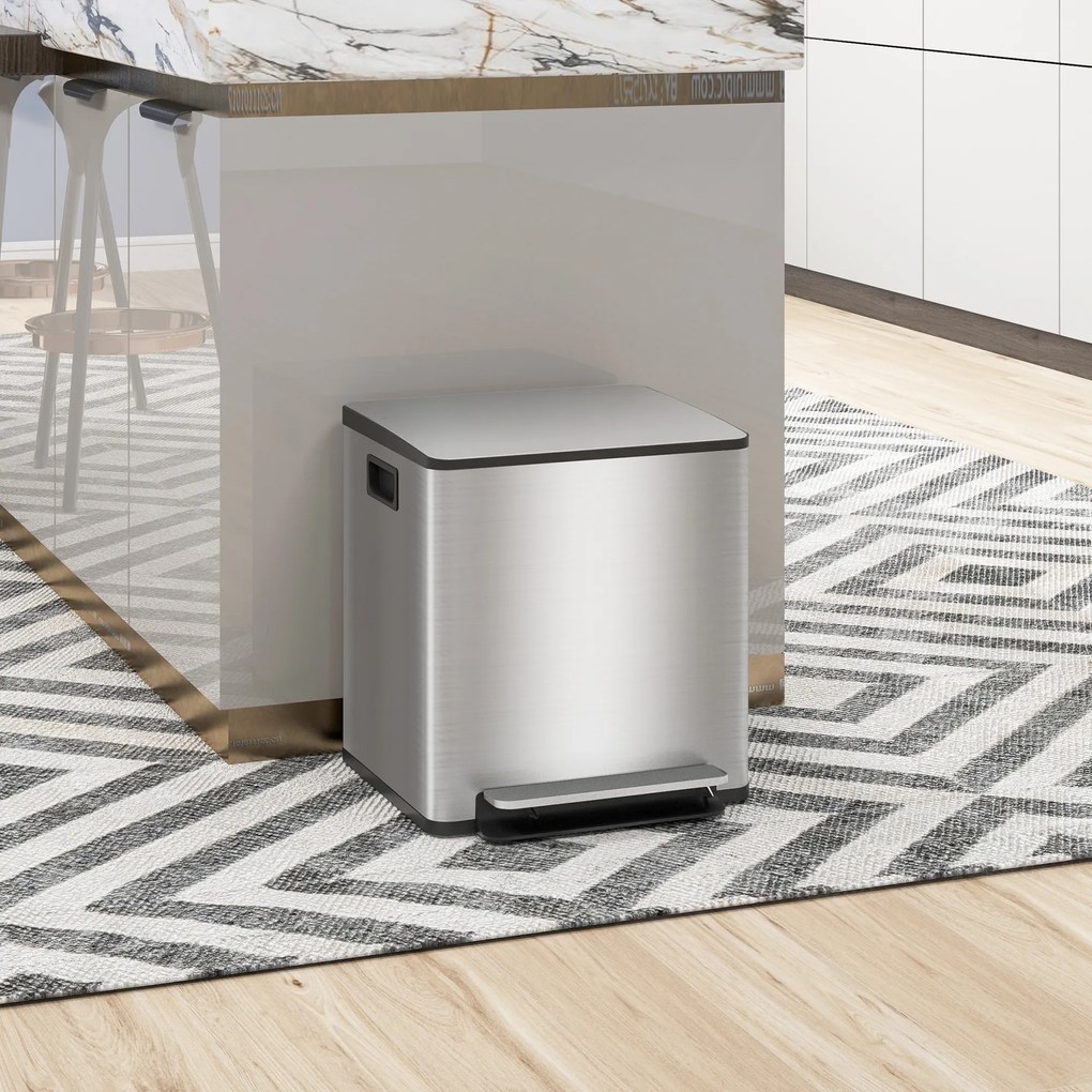 HOMCOM Coș de Gunoi cu 2 Compartimente de 15L cu Pedală, și Capac Silențios din Oțel, 41,8x36,7x44 cm, Argintiu | Aosom Romania