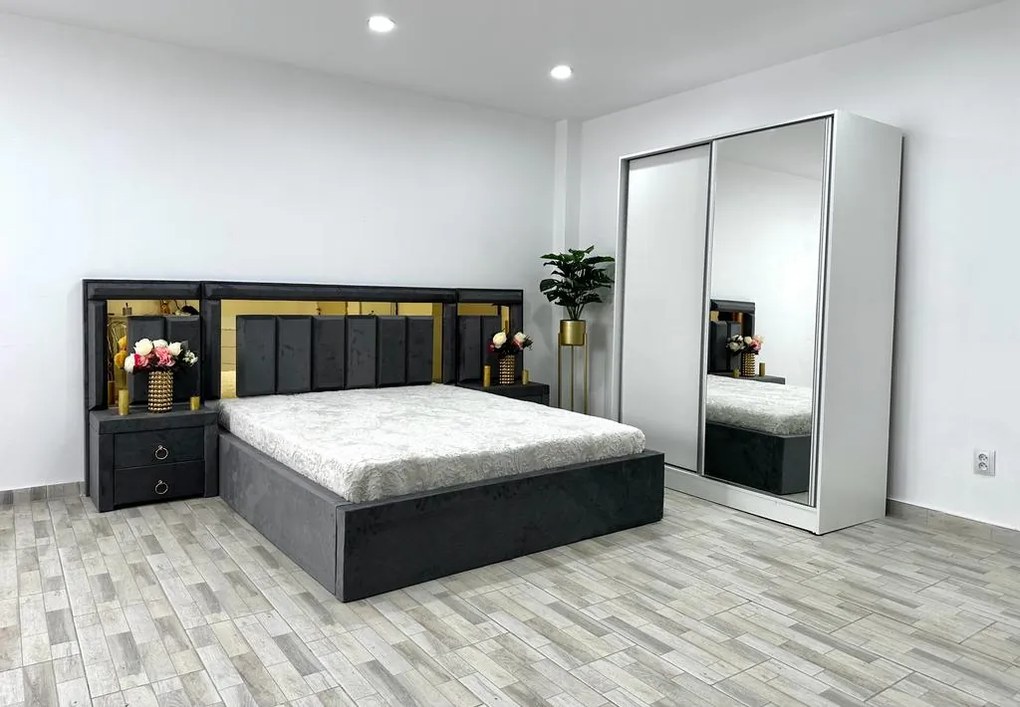 Dormitor Napoli, culoare gri / alb, cu pat Napoli 160 x 200 cm, dressing Erika 150 cm si 2 noptiere Napoli