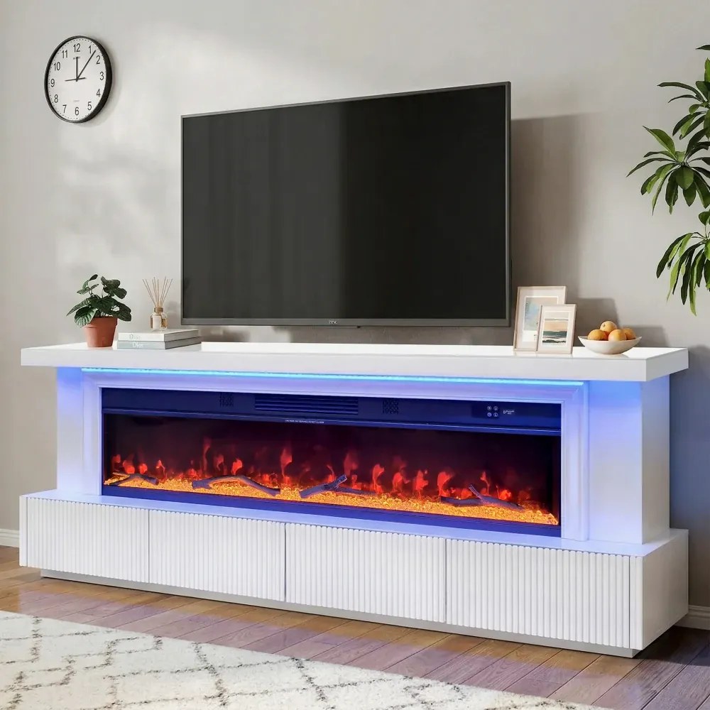 Șemineu Electric cu Flacără LED în 7 Culori, Comodă TV, Încălzire, Bluetooth, Difuzoare Integrate, Iluminare LED Ambientală, Telecomandă, MDF, Finisaj Alb Oglindă