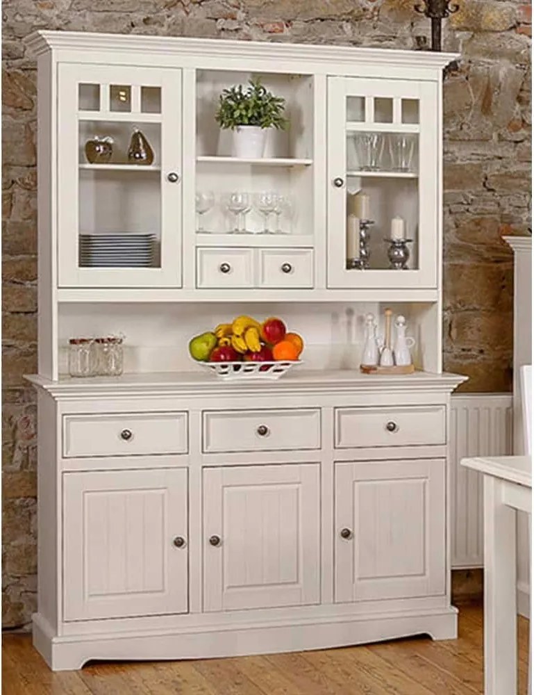 Vitrină lemn masiv alb Linea, 130 × 45 × 190 cm