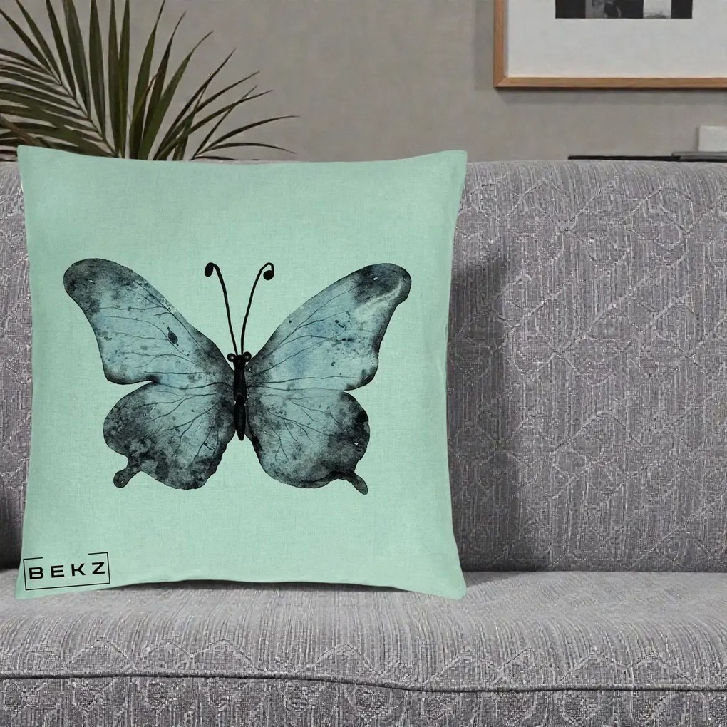 Perna Decorativa Fluture Acuarela Albastru-Gri, 40x40 cm, Verde Menta, Husa Detasabila, Perna Inclusa, BEKZ®