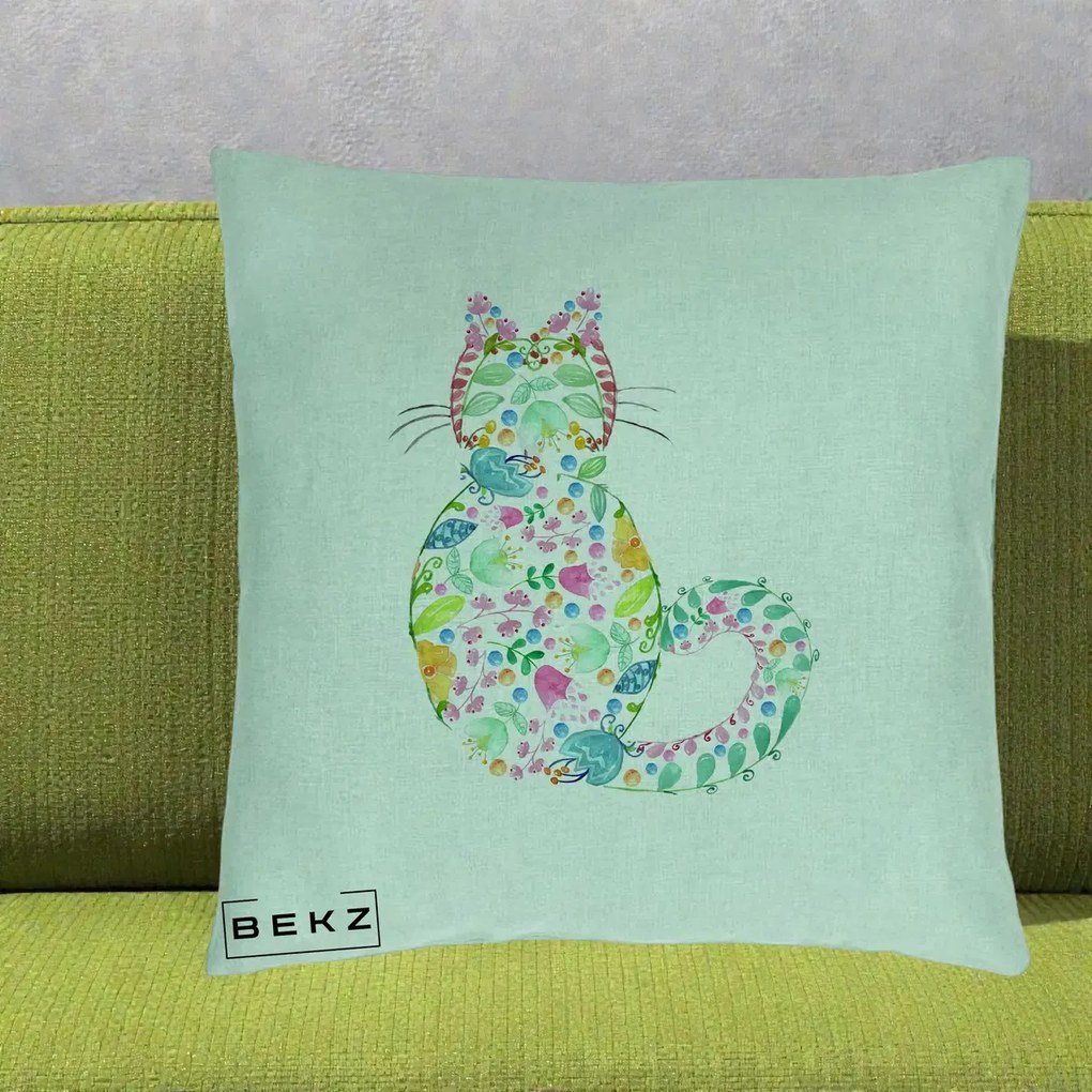 Perna Decorativa Pisica Florala Acuarela, 40x40 cm, Verde Menta, Husa Detasabila, Perna Inclusa, BEKZ®