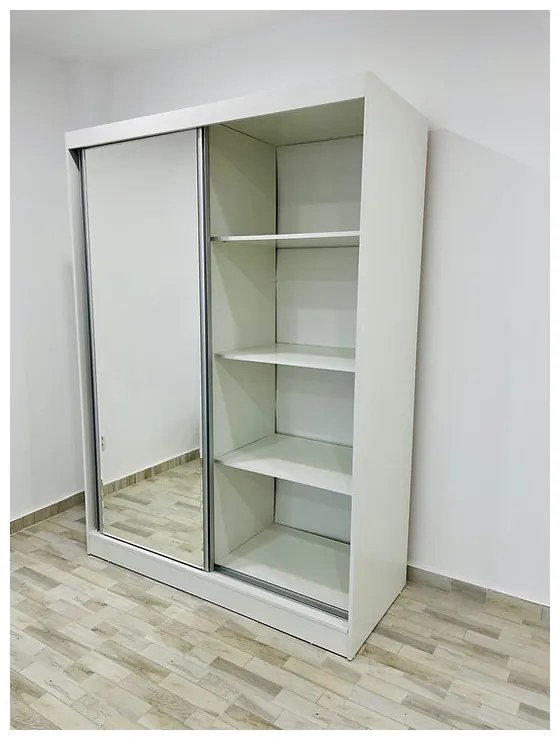 Dormitor Albania Alb cu Pat Matrimonial Alb si Saltea 160 cm x 200 cm , Dulap Usi Glisante Alb 150 cm x 200 cm si Noptiere Albe