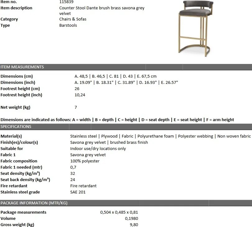 Scaun bar design LUX, Counter Stool Dante, gri 115839 HZ