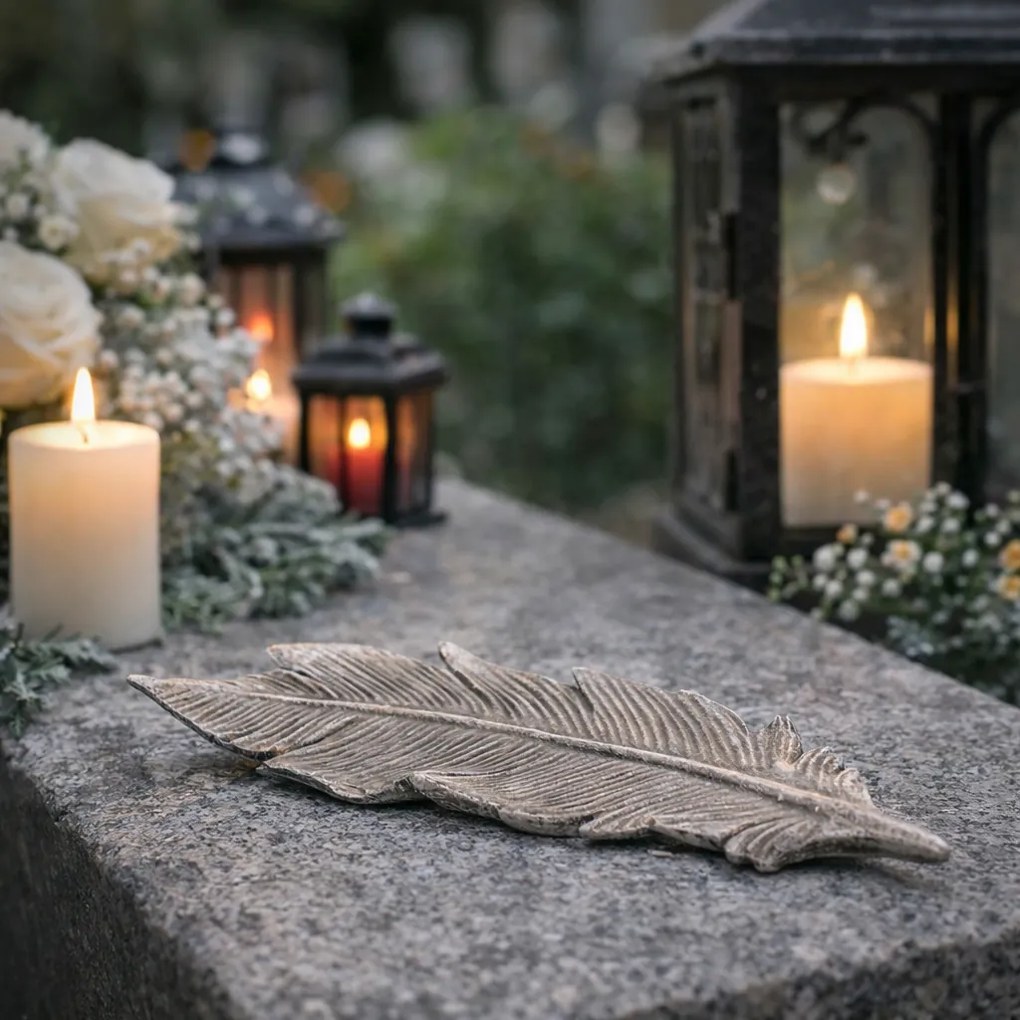 Decorație funerară Pene din aripi de înger,poliresin, 16 x 6 x 2 cm