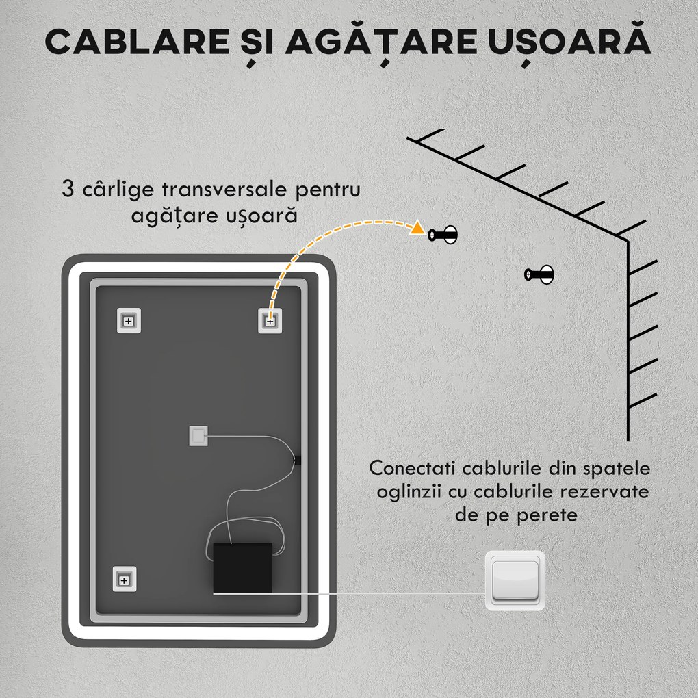 kleankin Oglinda pentru Baie cu Lumini LED, 70x50 cm, Argintiu | Aosom Romania