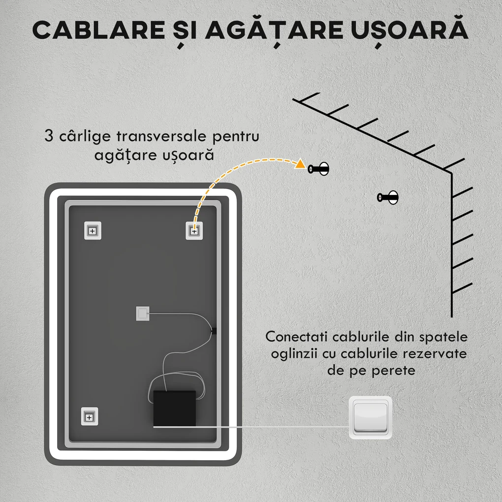 kleankin Oglinda pentru Baie cu Lumini LED, 70x50 cm, Argintiu | Aosom Romania