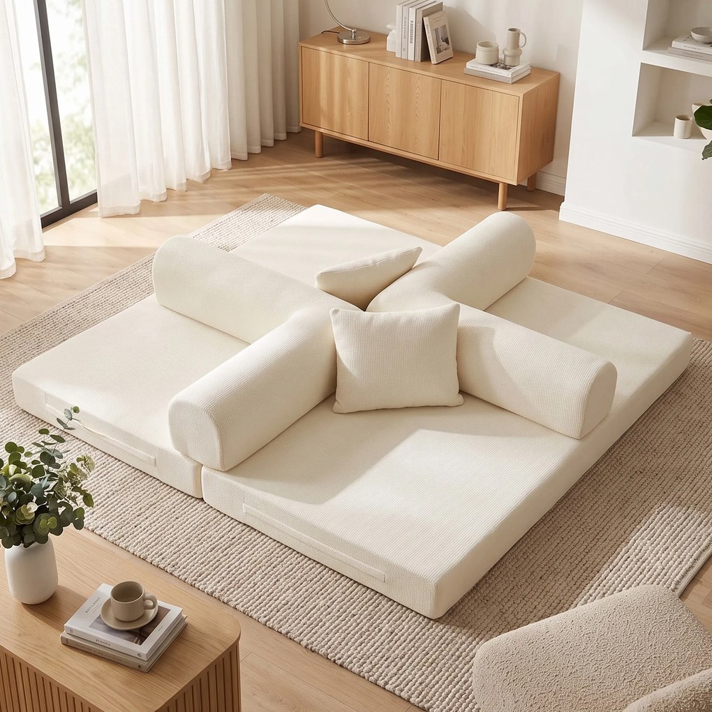 HOMCOM Canapea extensibilă 3 locuri 5 în 1, pliabilă, cu 2 perne din chenille, umplutură groasă, fără montaj, alb | Aosom Romania