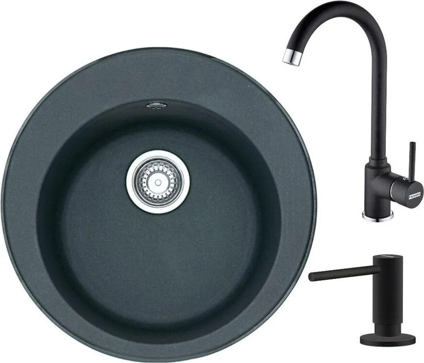 Set chiuveta bucatarie compozit Franke Rotondo 51 cm finisaj negru mat cu dozator detergent si baterie Pola