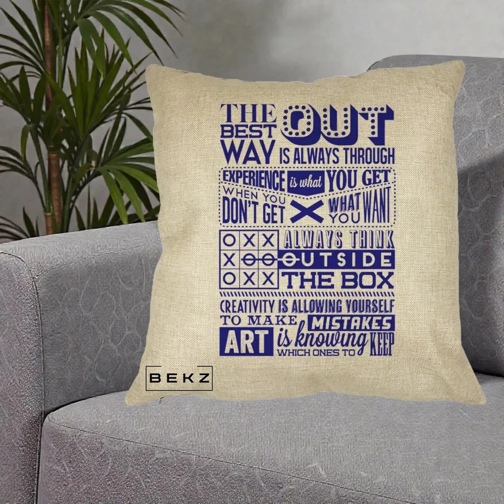 Perna Decorativa Citate Creativitate Albastru, 40x40 cm, Crem, Husa Detasabila, Perna Inclusa, BEKZ®