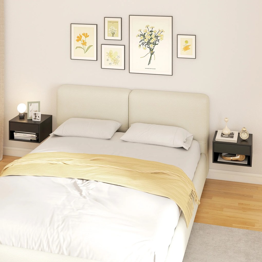 HOMCOM Set de 2 noptieri montate pe perete, sertar, compartiment deschis, blat, 37 x 32 x 21 cm, negru | Aosom Romania