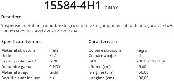 Lustra suspendata design modern CINDY 15584-4H1 GL